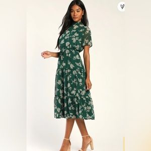 Floral Dressed Up Dark Green Floral Print Midi Dress